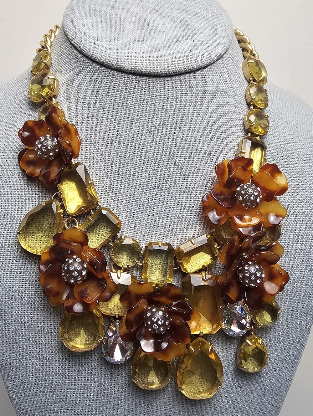[J. Crew] Chunky Tortoise Flowers Yellow & Clear Faceted Crystal Bib Statement